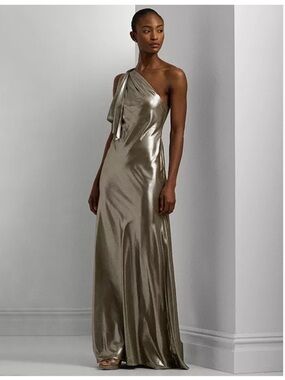 Lauren Ralph Lauren One Shoulder Metallic Chiffon Gown Women's 2 Designer NWT
